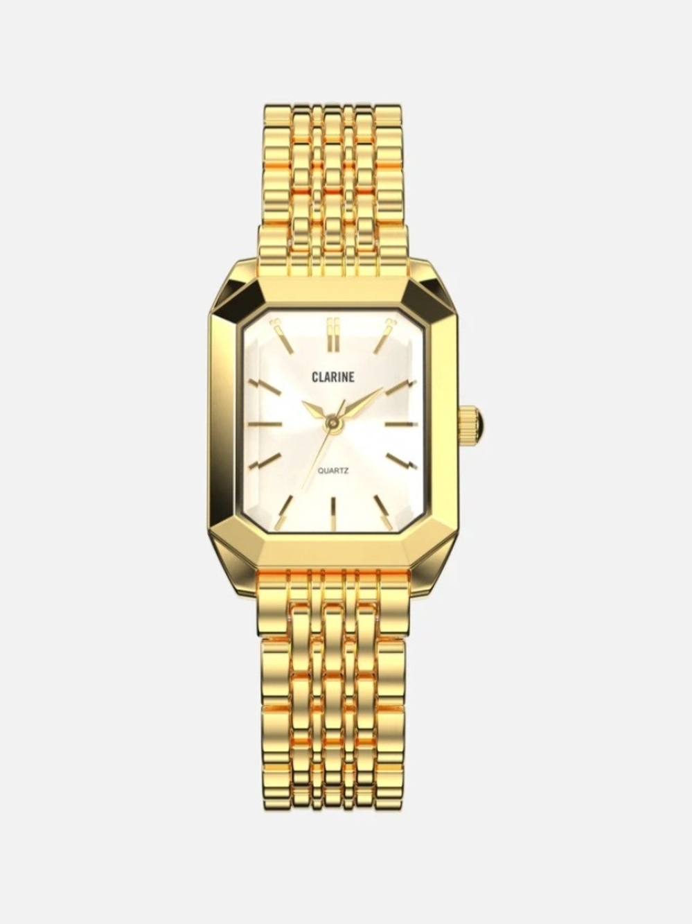Clarine De Mains Gold 14k Gold Stainless Steel Rectangle Watch with White Face